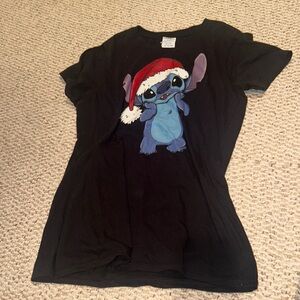 navy blue stitch wearing a christmas hat tshirt